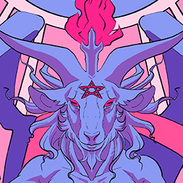 a pink and blue illustration of Baphomet